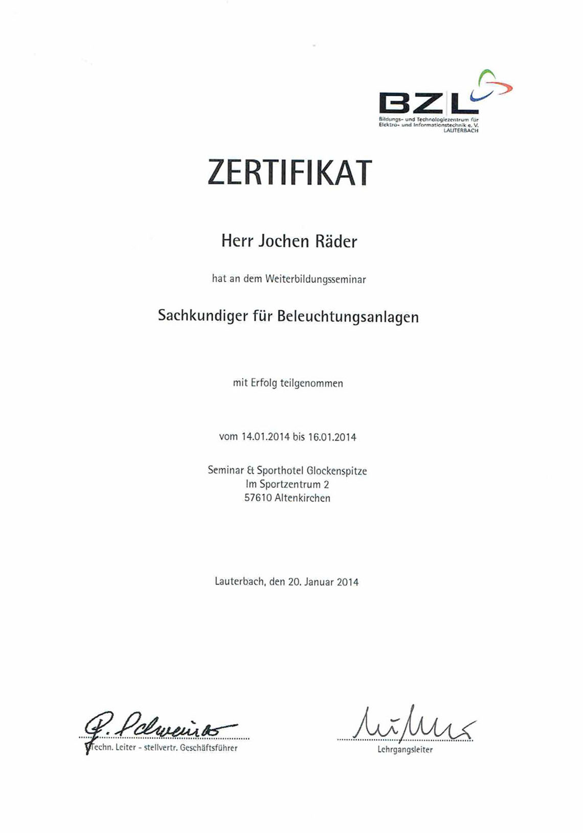 Zertifikat Beleuchtung